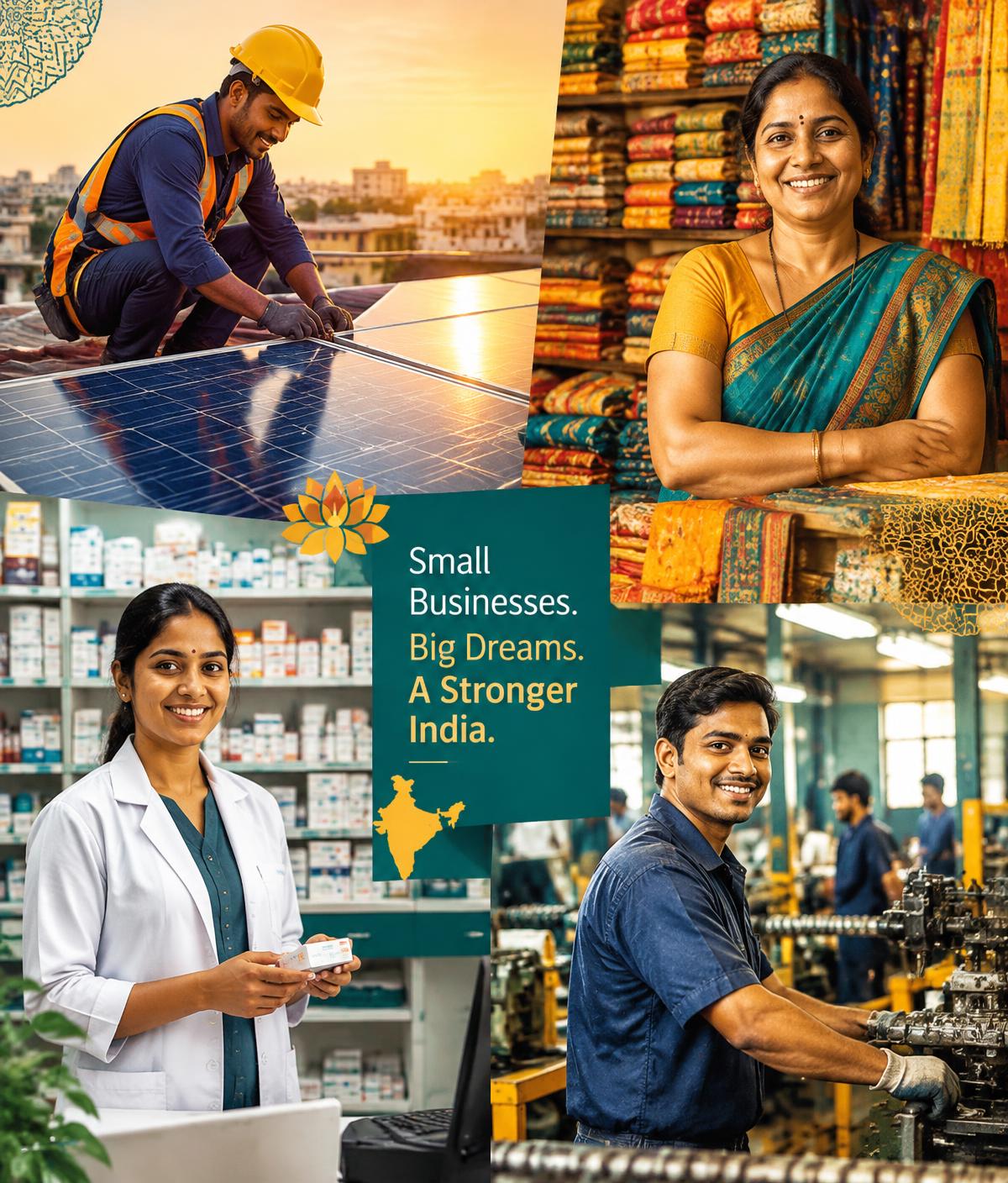 Indian business owners — solar installer, textile shop, pharmacist and factory worker